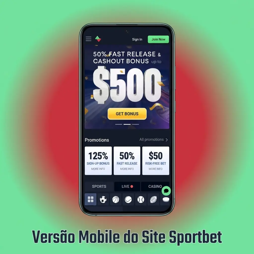 Versão mobile do site Sportbet acessível em smartphone e tablet com apostas esportivas e cassino via PIX
